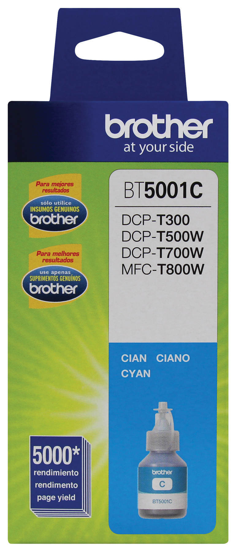 Botella de tinta Brother BT5001C cian, rendimiento aproximado 5,000 páginas, compatible con DCPT220, DCPT520DW, DCPT720DW, MFCT920DW CARBRT3070