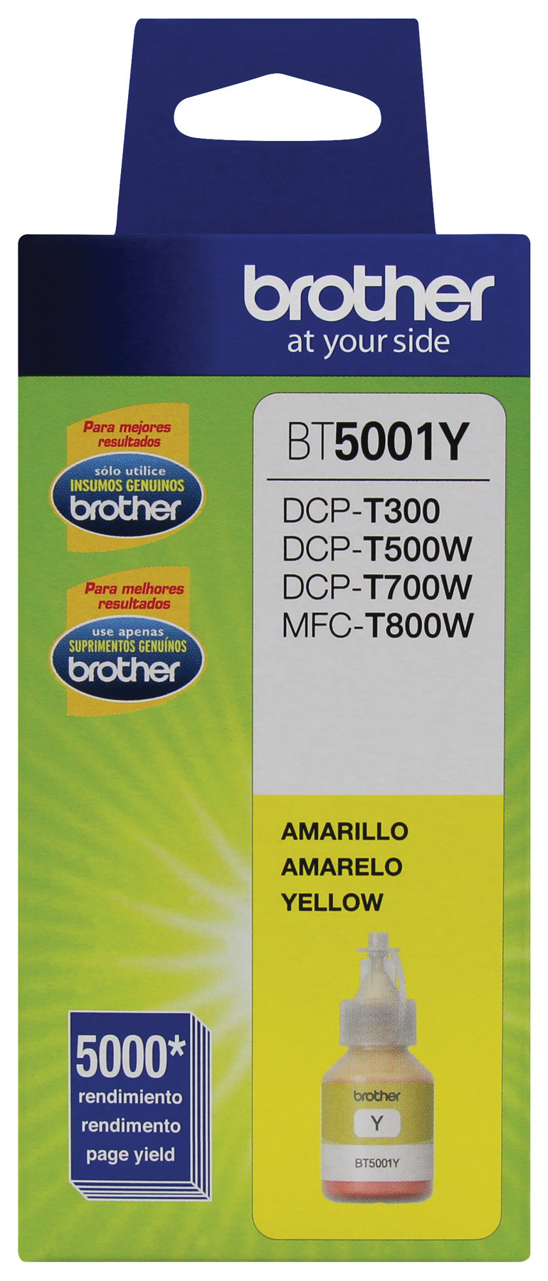 Botella de tinta Brother BT5001Y amarillo, rendimiento aproximado 5,000 páginas, compatible con DCPT220, DCPT520DW, DCPT720DW, MFCT920DW CARBRT3090