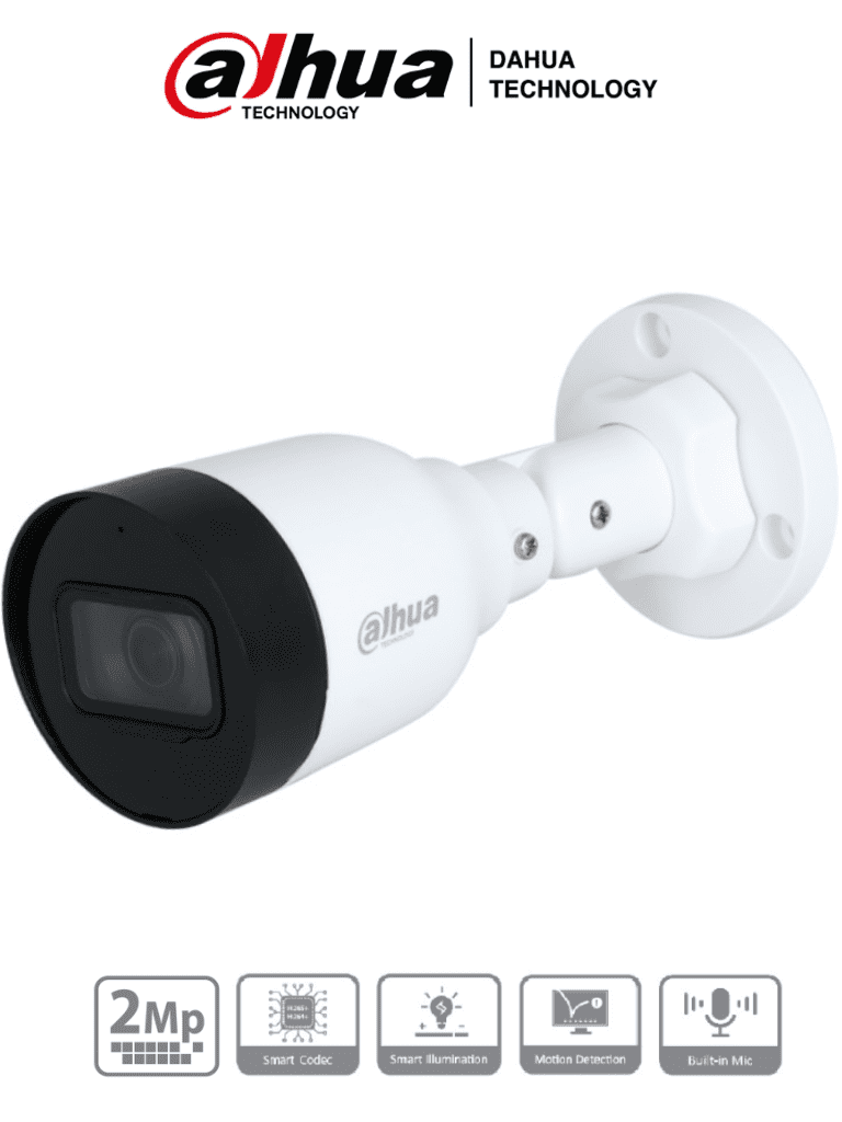 Dahua IPC-HFW1230S1-A-S5-Cámara IP Bullet de 2MP, lente de 2.8mm, 102°, micrófono, compresión H.265+, IR de 30m, protección IP67, PoE, DWDR