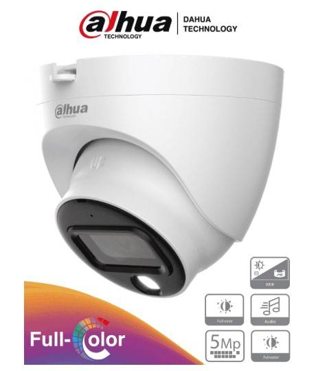 Cámara Domo Full Color 5MP, micrófono integrado, lente 3.6 mm,  Visión 88°. Ofrece imagen a color 24/7, WDR real 120dB, LEDs para 20 metros, IP67