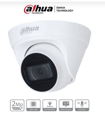 DAHUA IPC-HDW1230T1-A-S5-Cámara IP Domo 2MP con lente de 2.8 mm, ángulo de visión de 102 grados, micrófono integrado, IR de 30m, IP67, PoE, DWDR
