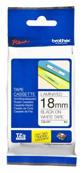 Etiqueta blanca continua laminada Brother TZE241, de 18 mm de ancho x 8 mts de largo. Impresión en negro. CARBRT470