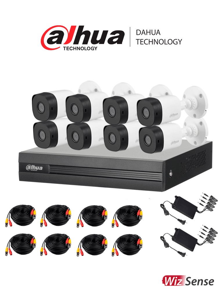 DAHUA KITXVR1B08- I+8-B1A21- Kit de 8 Canales 2 Megapixeles XVR de 8CH WizS Con IA H.265+ 8 Camaras B1A21 1080p 8 Canales + 2 IP o Hasta 10 Canales IP