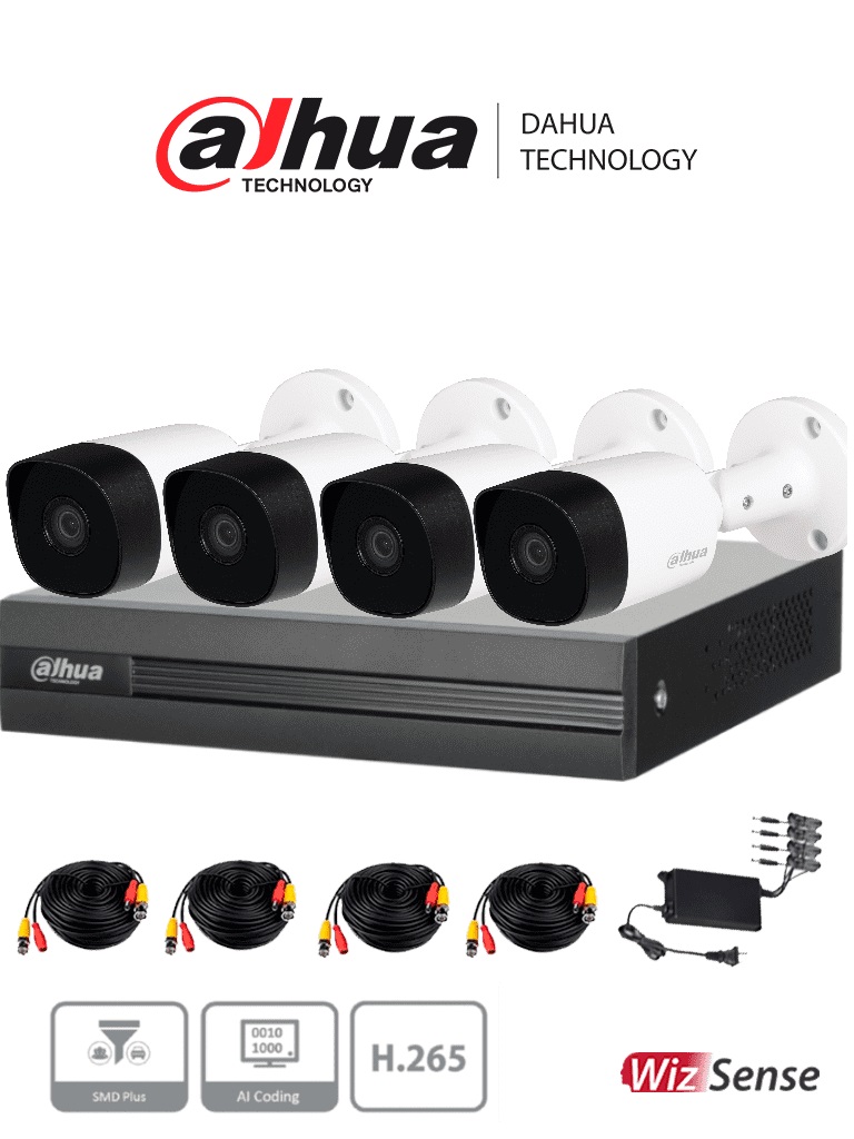 Kit de videovigilancia Dahua Technology DH-KIT/XVR1B04H-I/4-B2A51N-0280B-S2, Interior y exterior, Alámbrico, 4, 2592 x 1944 Pixeles, 5 MP