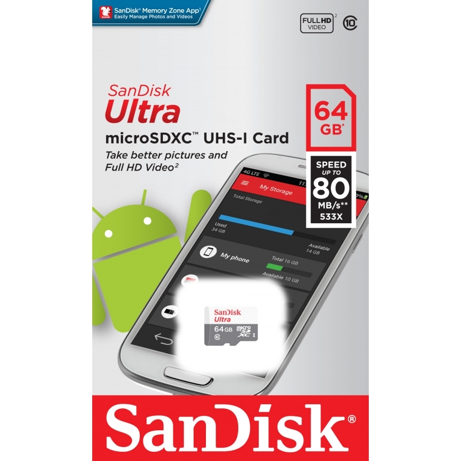 MEMORIA SANDISK MICRO SDXC 64GB ULTRA 100MB/S CLASE 10 C/ADAPTADOR SDSQUNR-064G-GN3MA RAM-3532