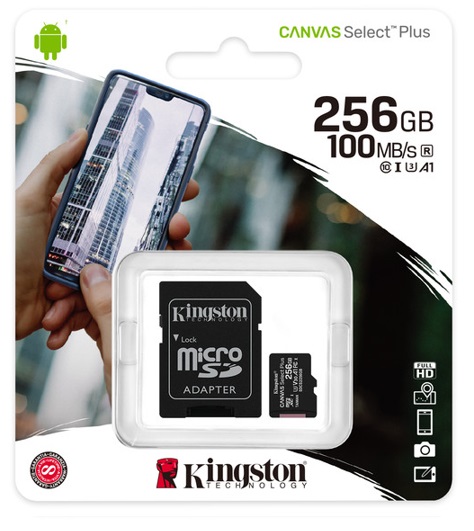 MEMORIA MICROSD KINGSTON CANVAS SELCT PLUS 256GB R.100MB/S W.85MB/S CL10 UHS-I U3 V30 A1 - Kingston Technology