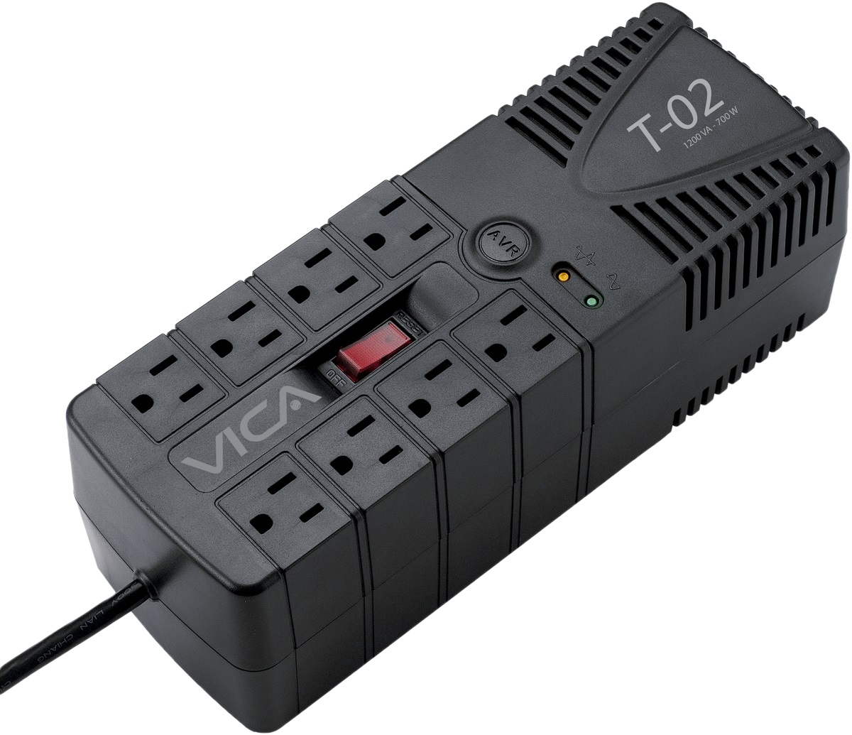 Regulador VICA T-02 1200VA/700W, Voltaje 120VCA /60Hz, breaker térmico, 8 tomas protegidas, indicadores LED, puerto RJ11, empotrable en pared REGVIC070