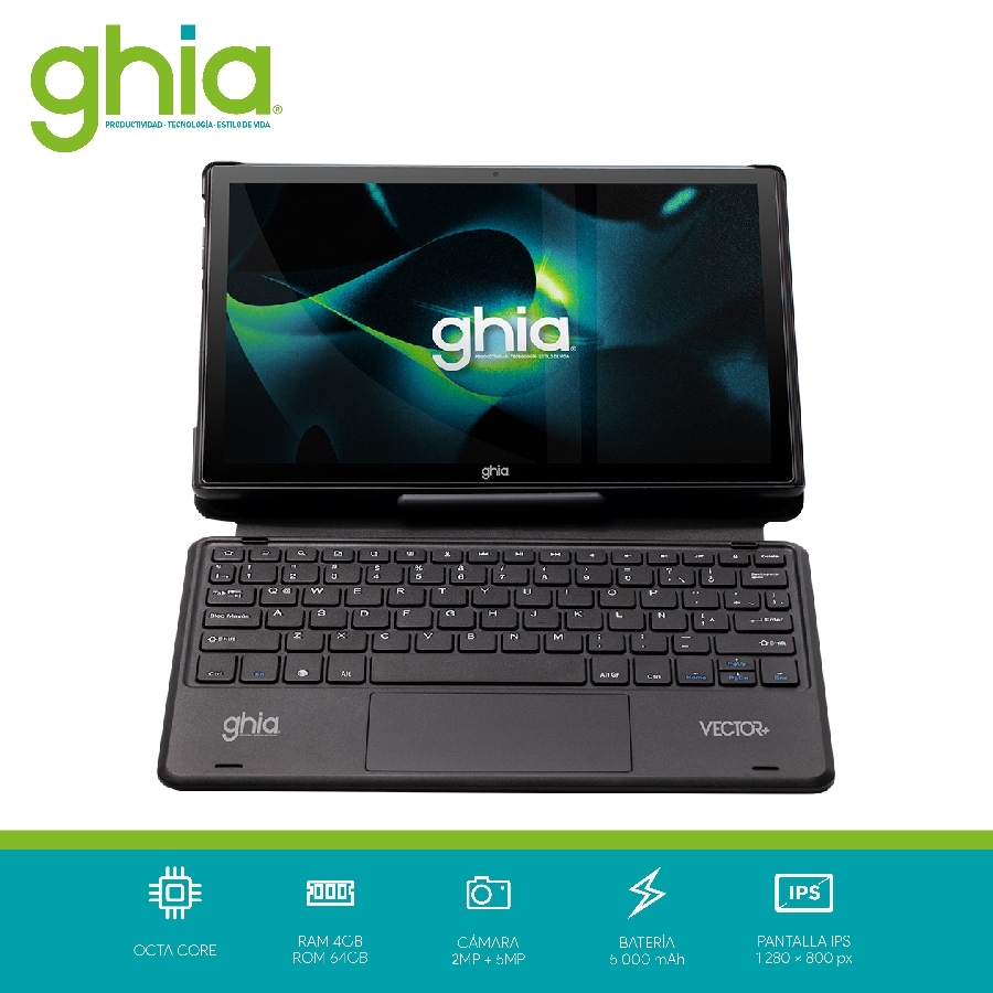 TABLET GHIA VECTOR PLUS C/TECLADO /A523 OCTACORE/4GB RAM/64GB /2CAM/WIFI/BLUETOOTH/5000MAH/ANDROID 13 NEGRA NOTGHIA-379