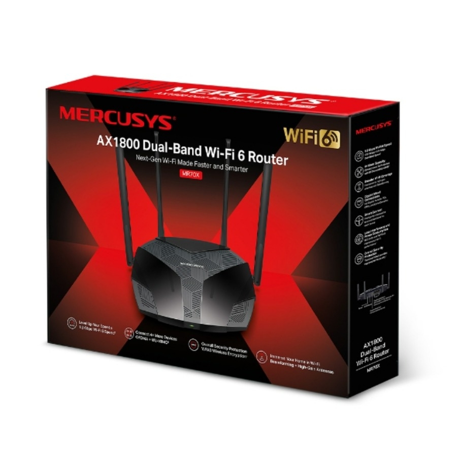 ROUTER | MERCUSYS | MR70X | WIFI 6 | AX1800 DUAL BAND 1201 MBPS EN 5GHZ Y 574 MBPS EN 2.4 GHZ, 1 PUERTO WAN GIGABIT + 3 PUERTOS LAN GIGABIT,4 ANTENAS MULTIDIRECCIONALES NIC-4243