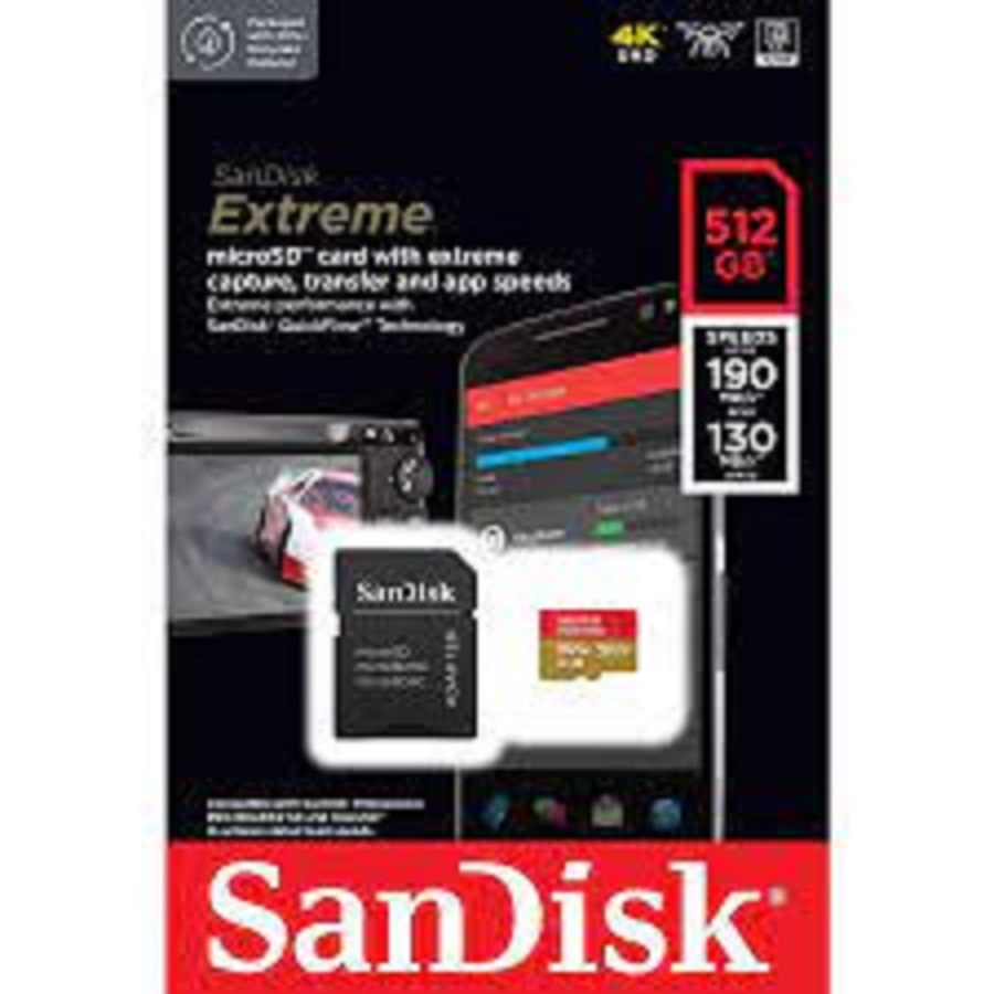 MEMORIA SANDISK MICRO SDXC 512GB EXTREME 190MB/S 4K CLASE 10 A2 V30 C/ADAPTADOR SDSQXAV-512G-GN6MA RAM-3951