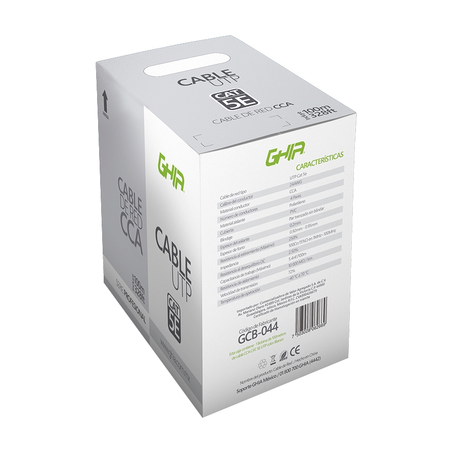 BOBINA DE CABLE UTP CAT5E GHIA CCA GRIS 100M 24 AWG 328FT CERTIFICACION CE / ROHS CB-1668 - GHIA