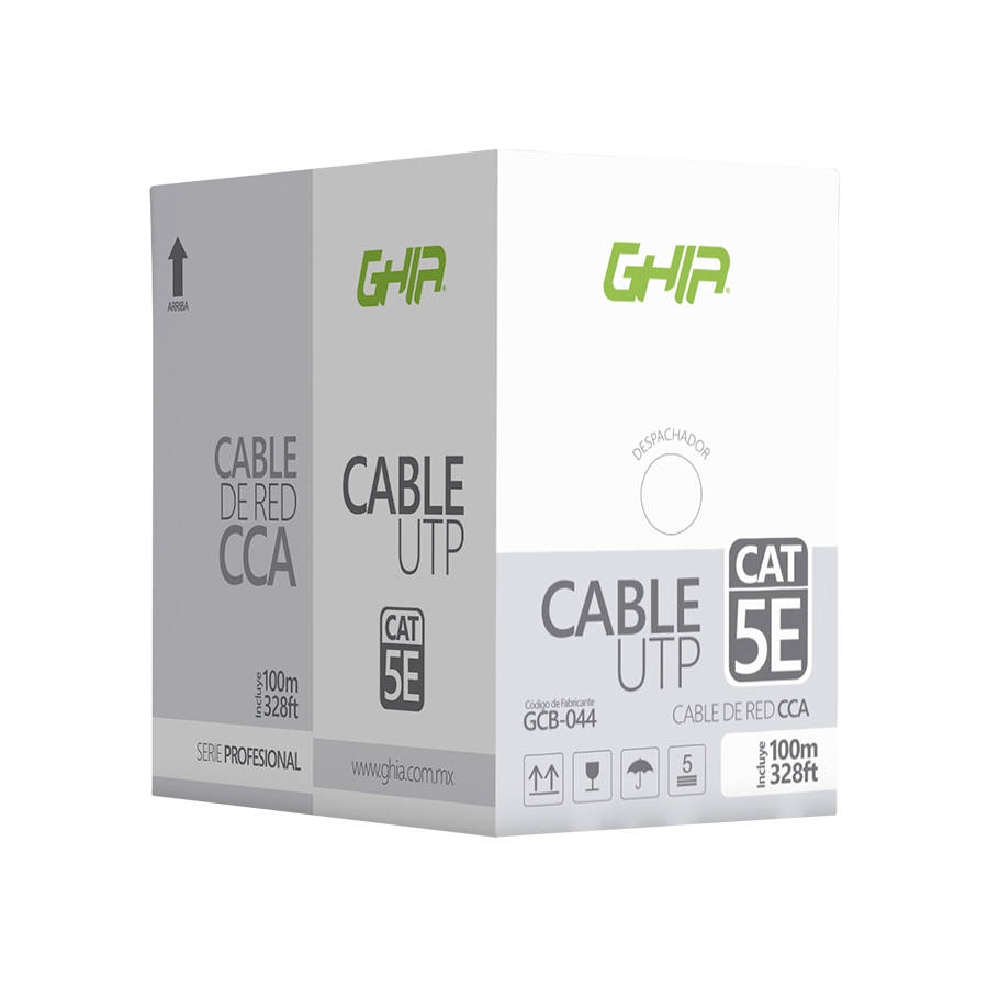 BOBINA DE CABLE UTP CAT5E GHIA CCA GRIS 100M 24 AWG 328FT CERTIFICACION CE / ROHS CB-1668 - GHIA