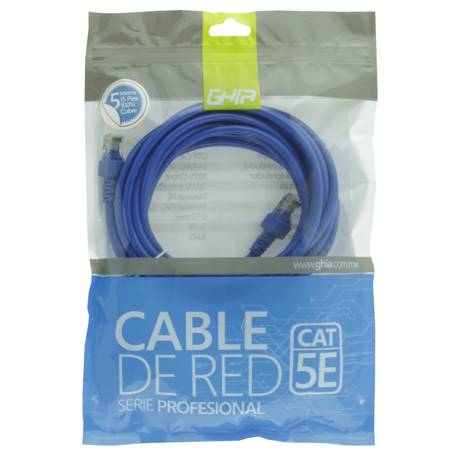 CABLE DE RED UTP CAT5E GHIA 100COBRE AZUL RJ45 5M 15 PIES PATCH CORD CB-1185 - GHIA