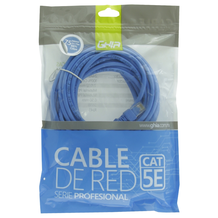 CABLE DE RED UTP CAT5E GHIA 100COBRE AZUL RJ45 7.5M 22.5 PIES PATCH CORD CB-1196 - GHIA