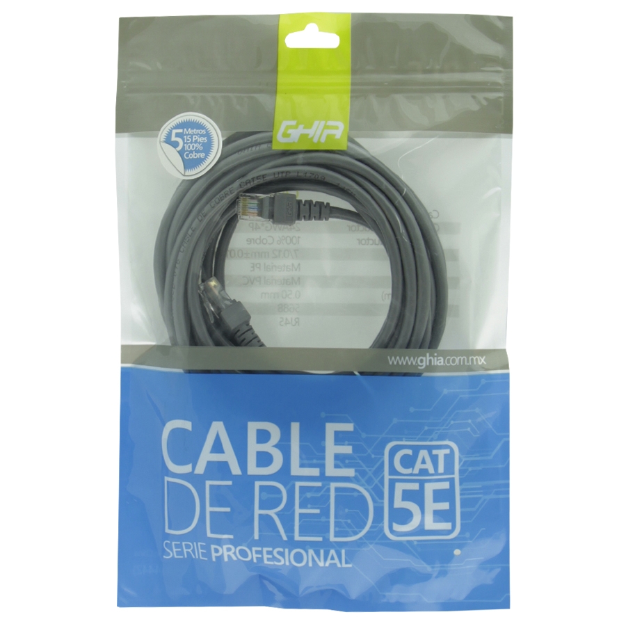 CABLE DE RED UTP CAT5E GHIA 100COBRE GRIS RJ45 5M 15 PIES PATCH CORD CB-1186 - GHIA