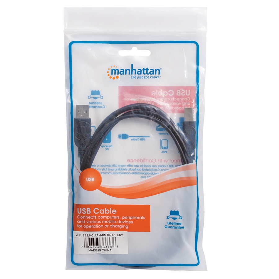 CABLE USB,MANHATTAN,333368, V2.0 A-B 1.8M, NEGRO CB-207 - MANHATTAN