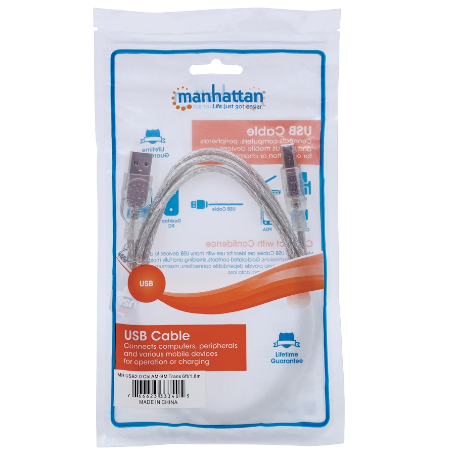 CABLE USB,MANHATTAN,333405, V2.0 A-B 1.8M, PLATA CB-165 - MANHATTAN