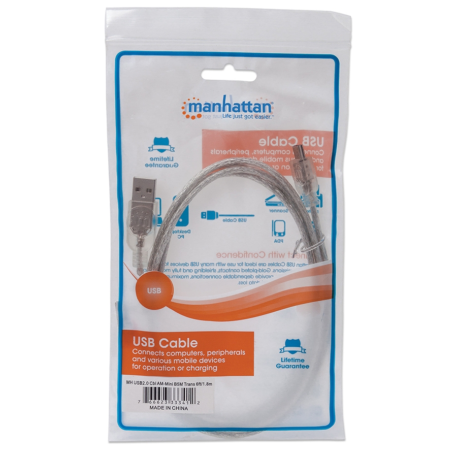 CABLE USB,MANHATTAN,333412, V2.0 A-MINI B 1.8M PLATA CB-201 - MANHATTAN