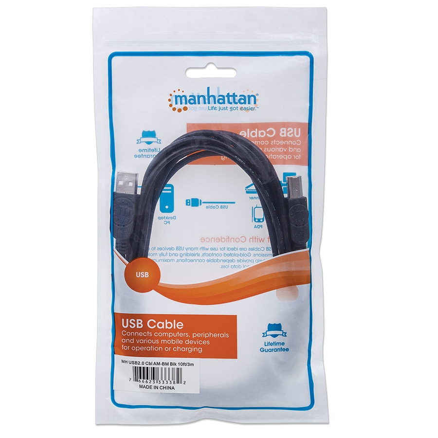 CABLE USB,MANHATTAN,33382, V2.0 A-B  3.0M, NEGRO CB-232 - MANHATTAN