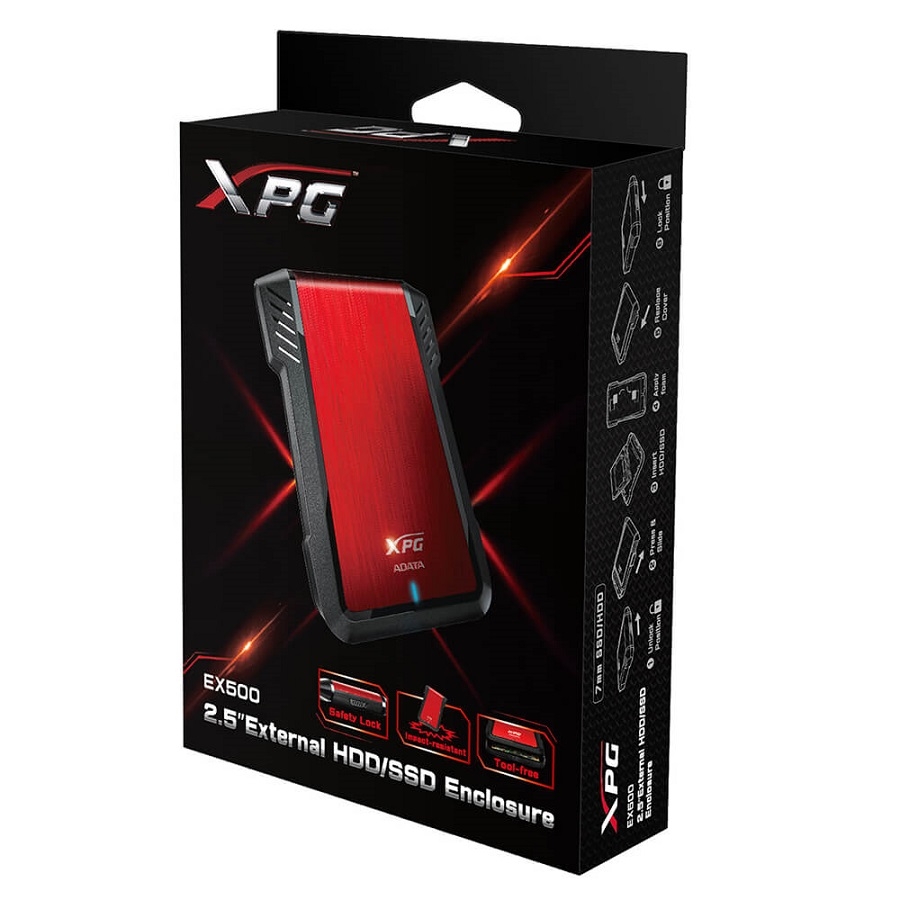 CARCASA XPG EX500 PARA DISCOS DUROS/SSD 2.5 PULGADAS 7MM/9.5MM SATA3/USB3.2 CASE PC COLOR ROJO (AEX500U3-CRD) AC-5860 - ADATA