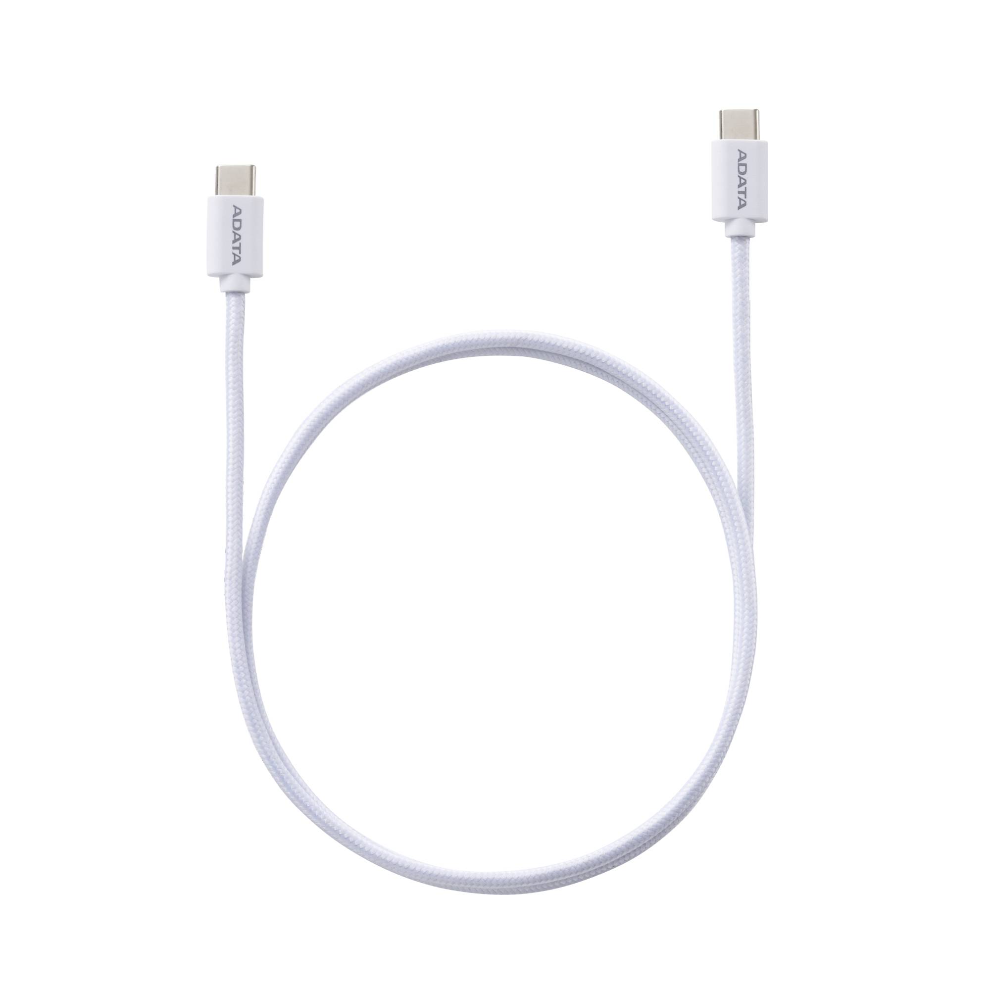 Cable ADATA USB Tipo C – USB Tipo C. Conector reversible tipo C, potencia máxima de salida de 100 W, Tejido de nailon, (1 M de longitud). Color BLANCO. CAC - ADATA
