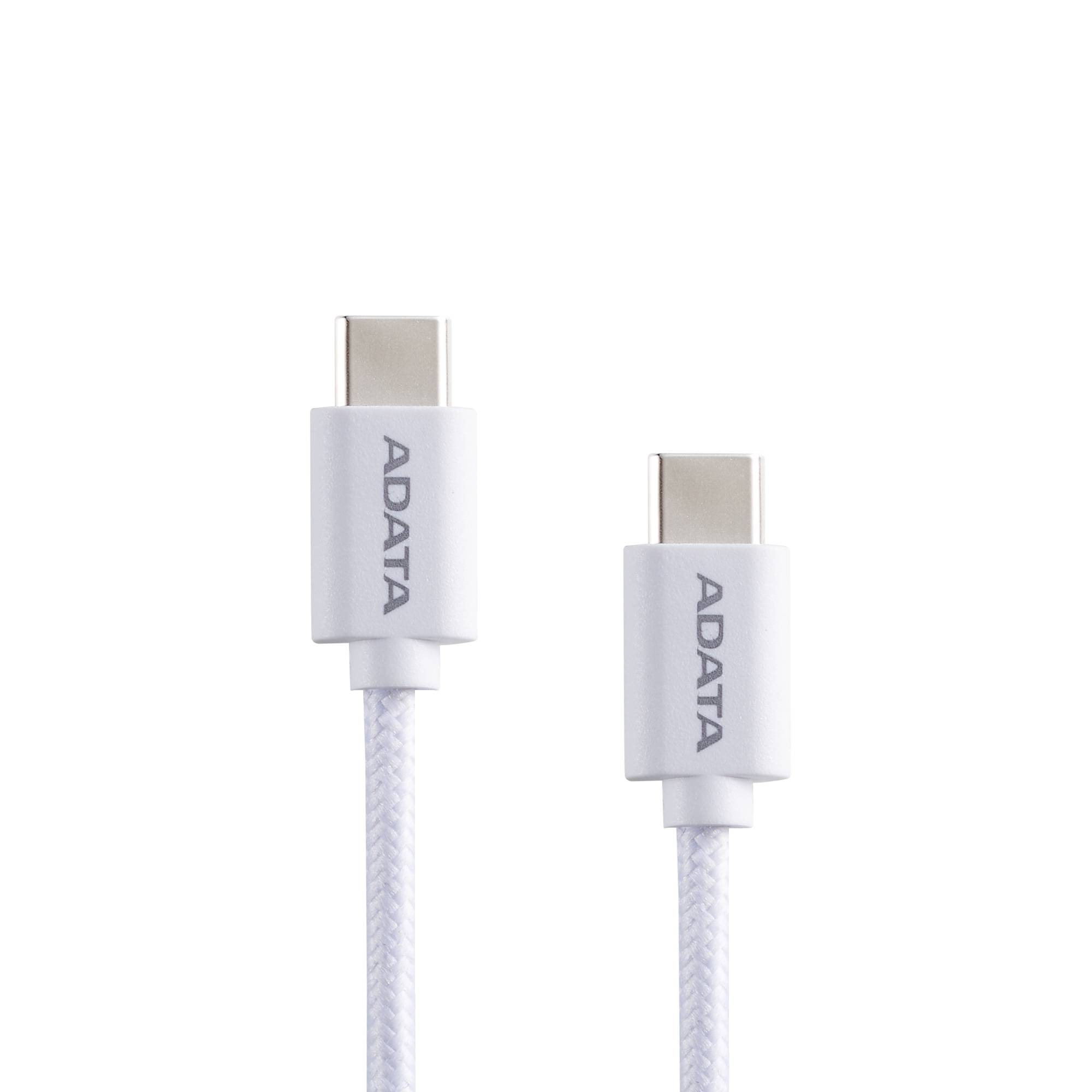 Cable ADATA USB Tipo C – USB Tipo C. Conector reversible tipo C, potencia máxima de salida de 100 W, Tejido de nailon, (1 M de longitud). Color BLANCO. CAC - ADATA