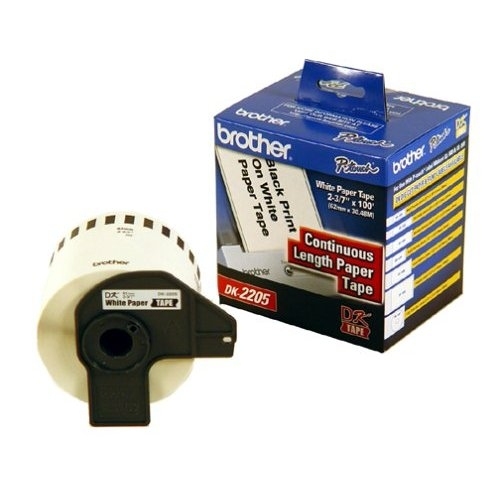 Etiqueta blanca continua de papel Brother DK2205 de 62 mm de ancho x 30.4 mts de largo. Impresión en negro. QL800 / QL810W / QL1110NWB. CARBRT1470 - BROTHER