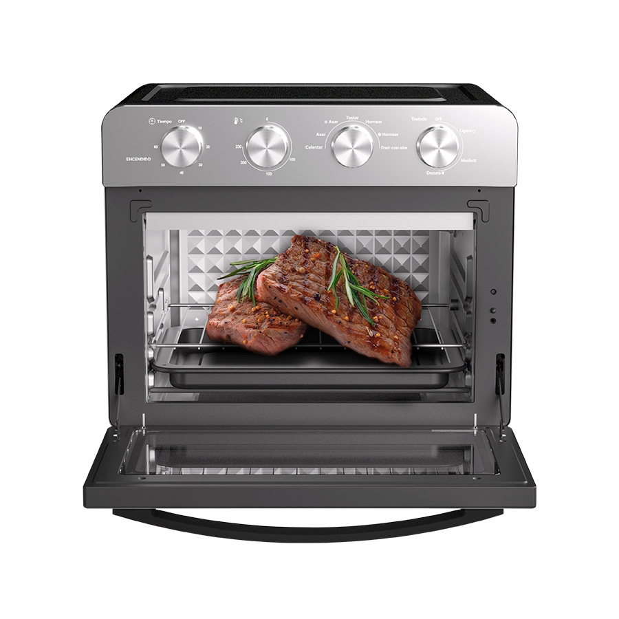 FREIDORA DE AIRE CON HORNO MIRATI HOME DE 25 LITROS CON 10 FUNCIONES, 1600 W, CONTROL CON PERILLA, ACERO INOXIDABLE, 4 PERILLAS AJUSTABLES, TEMPERATURA DE 80C – 230C FRE-12 - MIRATI