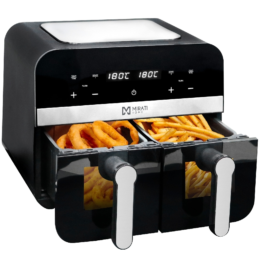 FREIDORA DE AIRE MIRATI DE 9 LITROS TOTALES CUANTA CON 2 CANTASTAS DE 4.5L CADA UNA CON VENTANA, REGULACION DE TEMPERATURA INDIVIDUAL 1700W, TEMPERATURA DE 80C-200C FRE-9 - MIRATI