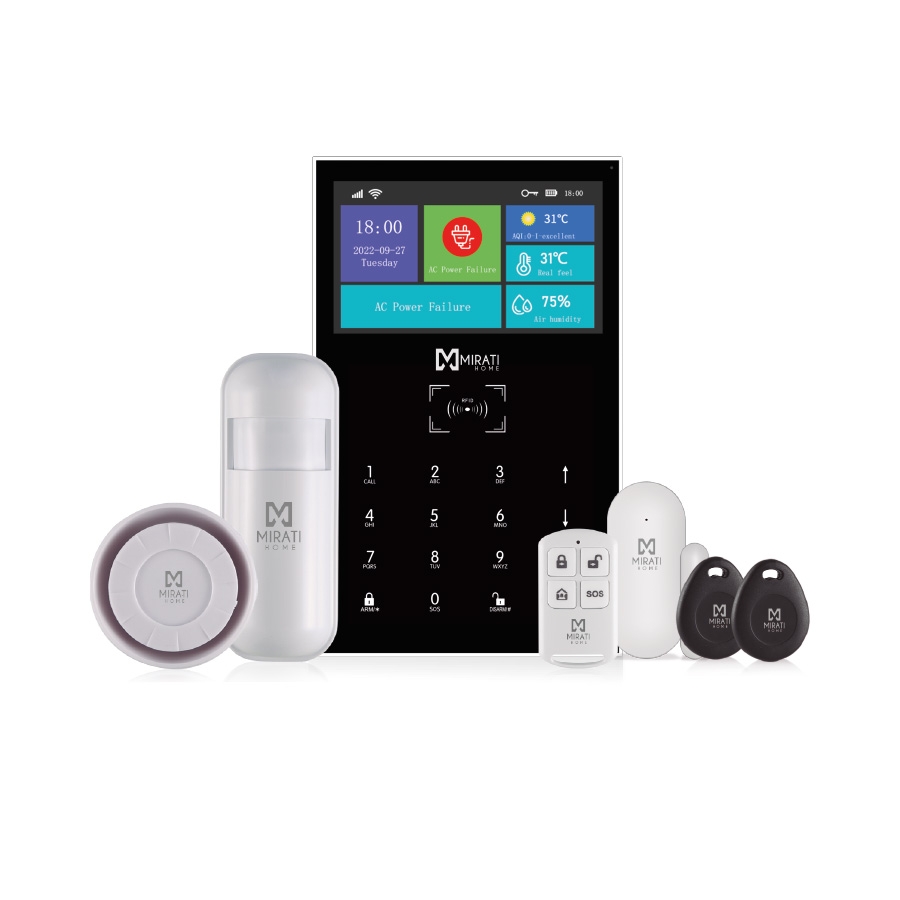 KIT DE ALARMA INTEGRAL SMARTHOME MIRATI WIFI 4G PANEL TACTIL PANTALLA A COLOR TAMPER SWITCH INCLUYE SIRENA, SENSOR DE MOVIMIENTO, SENSOR DE PUERTA-VENTANA, 1 CONTROL, 2 TAG RFID AL-38 - MIRATI