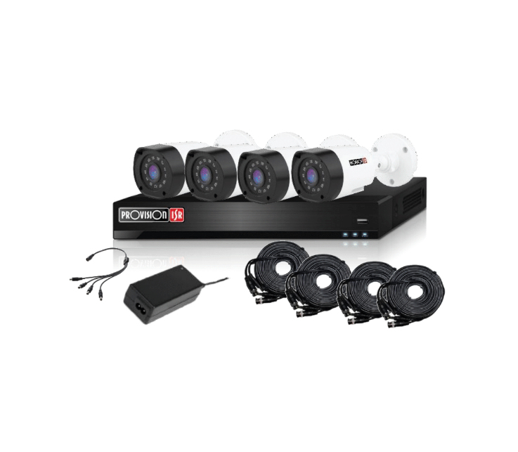 KIT de Videovigilancia de 4 cámaras de 2 MP Policarbonato, 4 cables siamés de 20 metros, fuente de 12V/3A, pulgo de 4 salidas, No incluye HDD - PROVISION-ISR