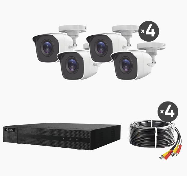 KIT TurboHD 1080p / DVR 4 canales / 4 Cámaras Bala de Metal / H.265+ / 1 Fuente de Poder Profesional / Accesorios de Instalación - HIKVISION