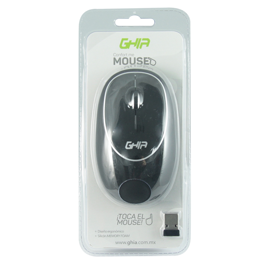 MOUSE ERGONOMICO GHIA / GT100NN / INALAMBRICO / RECEPTOR USB / 2 BOTONES / SCROLL / 1000 DPI / MEMORY FOAM / NEGRO MS-1247 - GHIA