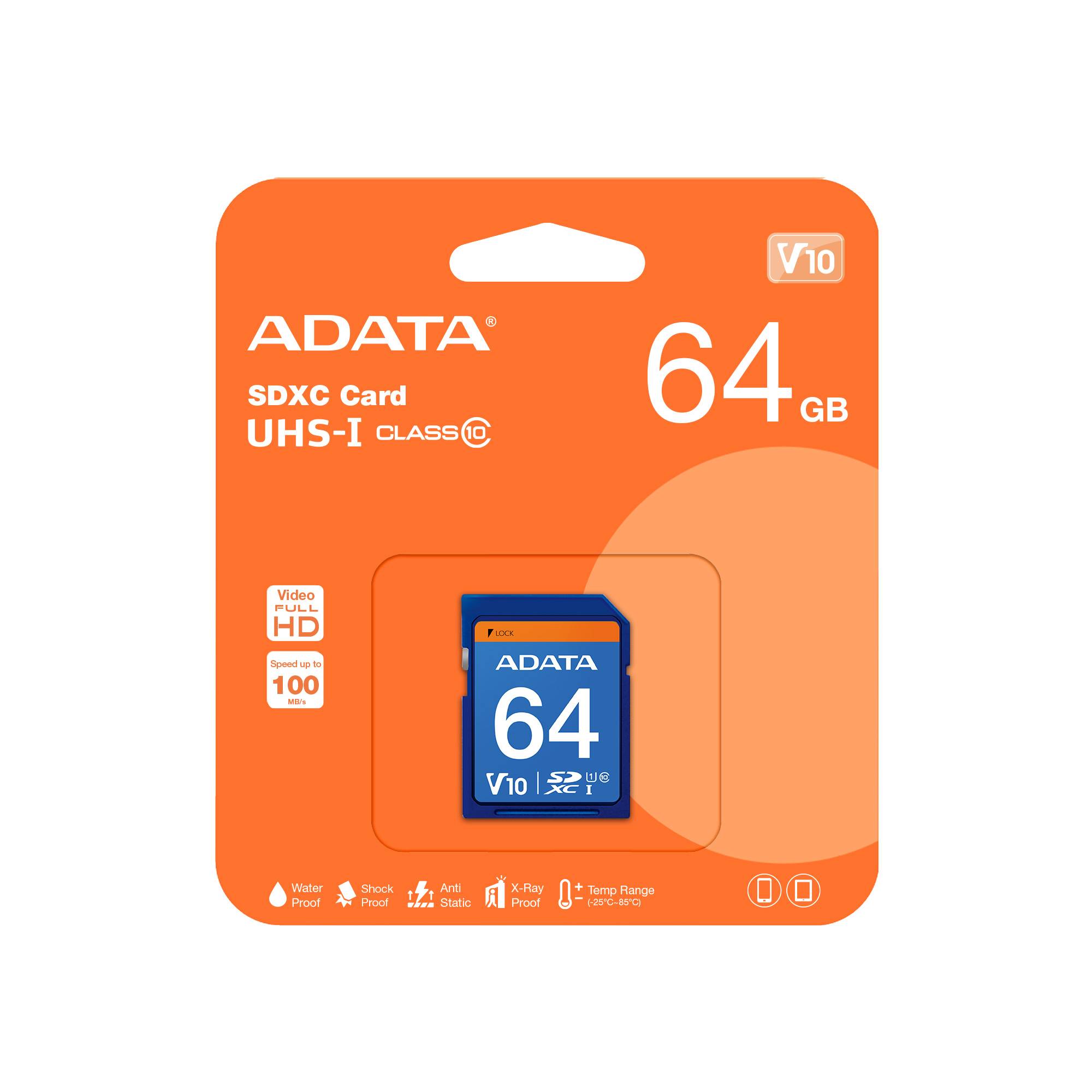 Memoria SD (SDXC) 64GB ADATA CLASE 10 (V10), Velocidad hasta 100MB/25MB por seg. ASDX64GUICL10-R - ADATA