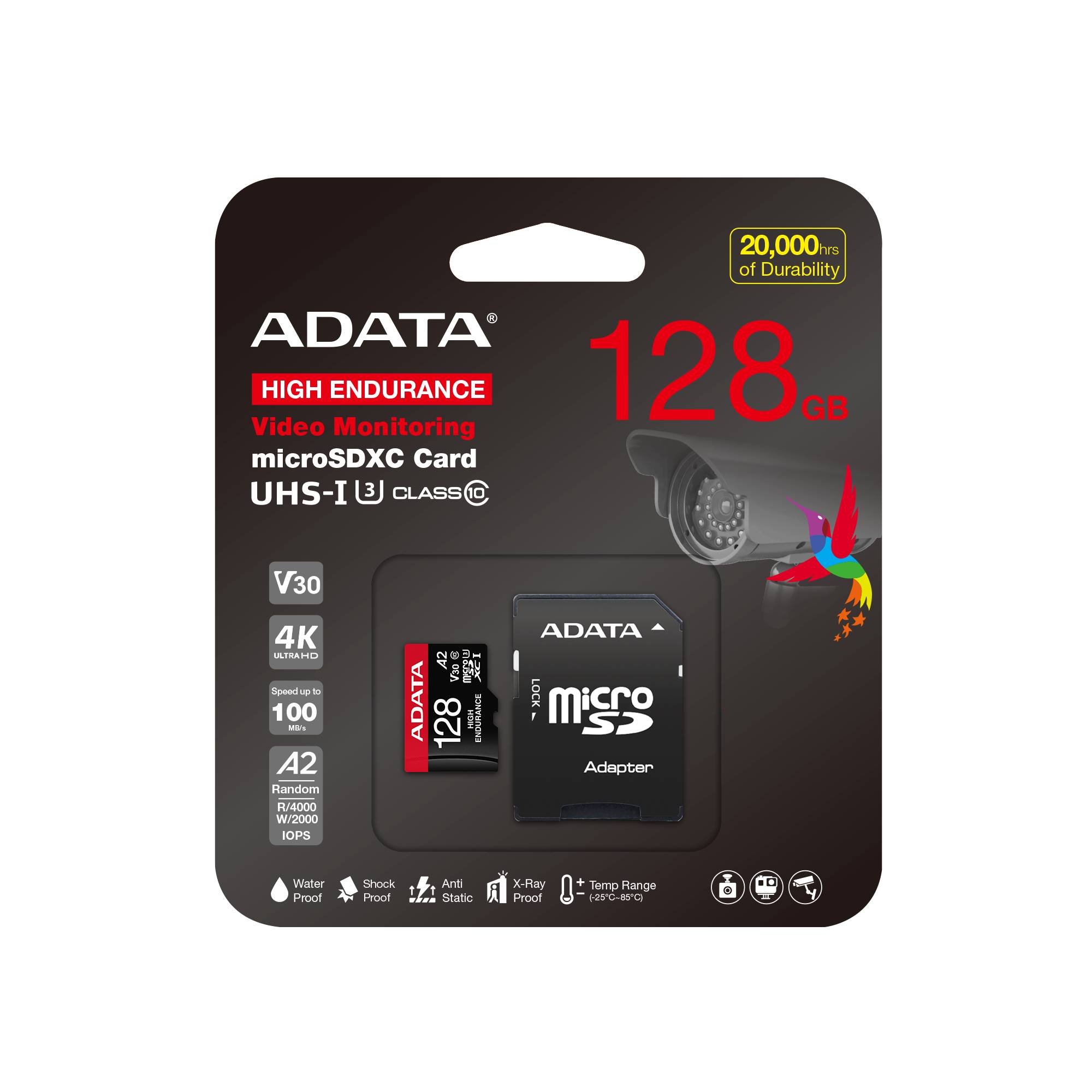 Micro Secure Digital ADATA HIGH ENDURANCE (alta durabilidad) microSDXC UHS-I U3, SD6.0 Clase 10, V30 128GB Clase 10 (A2), Velocidad de lectura / escritura - ADATA