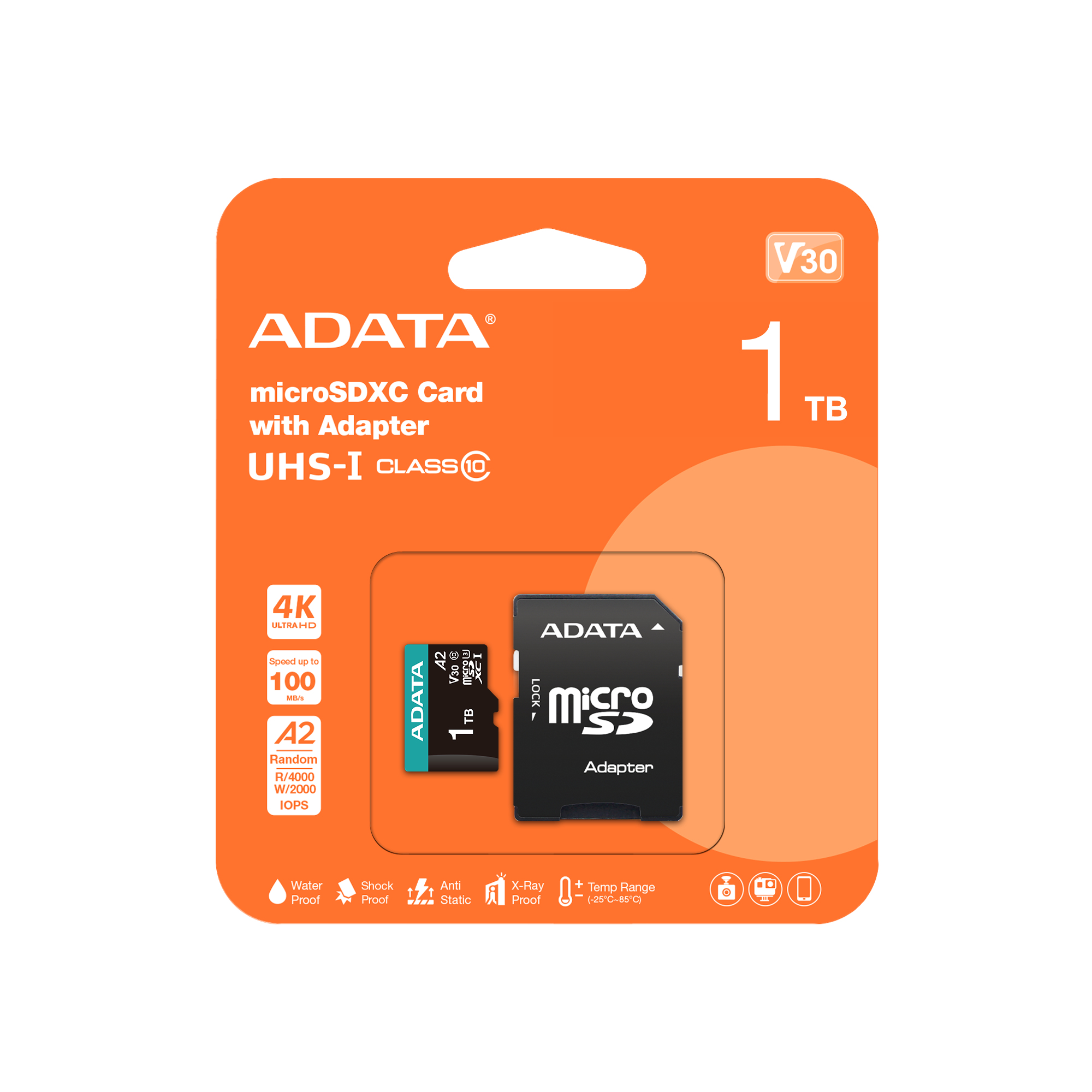 Micro Secure Digital ADATA microSDXC/SDHC UHS-I U3 V30 1TB Clase 10 (A2), Velocidad de lectura / escritura hasta 100/85 (MB/s) AUSDX1TUI3V30SA2-RA1 - ADATA