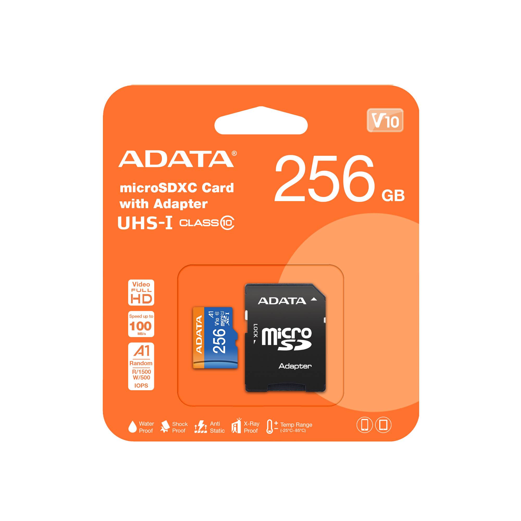 Micro SD 256GB Class 10 ADATA  Premier A1 UHS-I, 256 GB, 100 MB/s, 25 MB/s, Negro, Clase 10 - ADATA