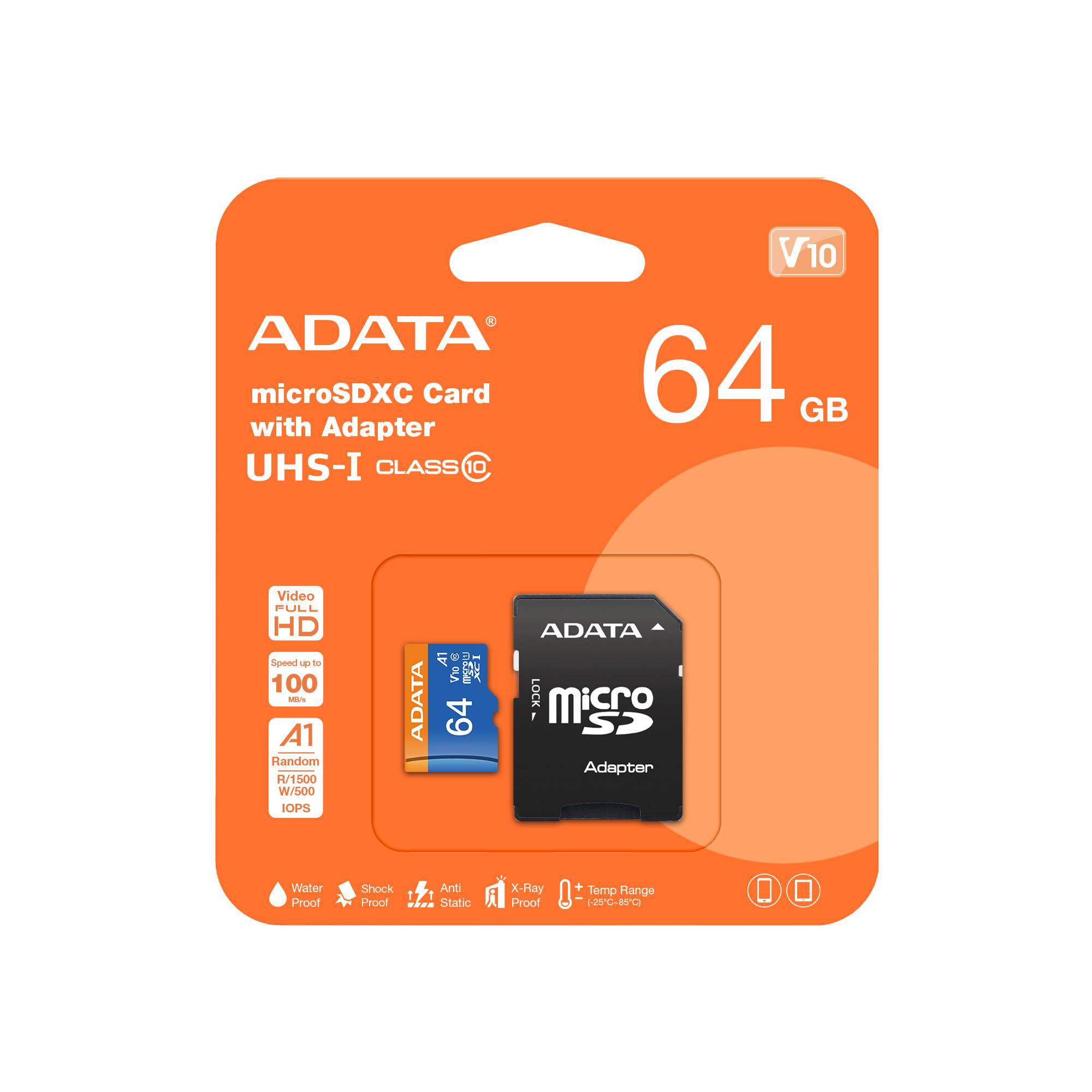 Micro SD ADATA AUSDX64GUICL10A1-RA1, 64 GB, 100 MB/s, 25 MB/s, Negro, Clase 10 - ADATA