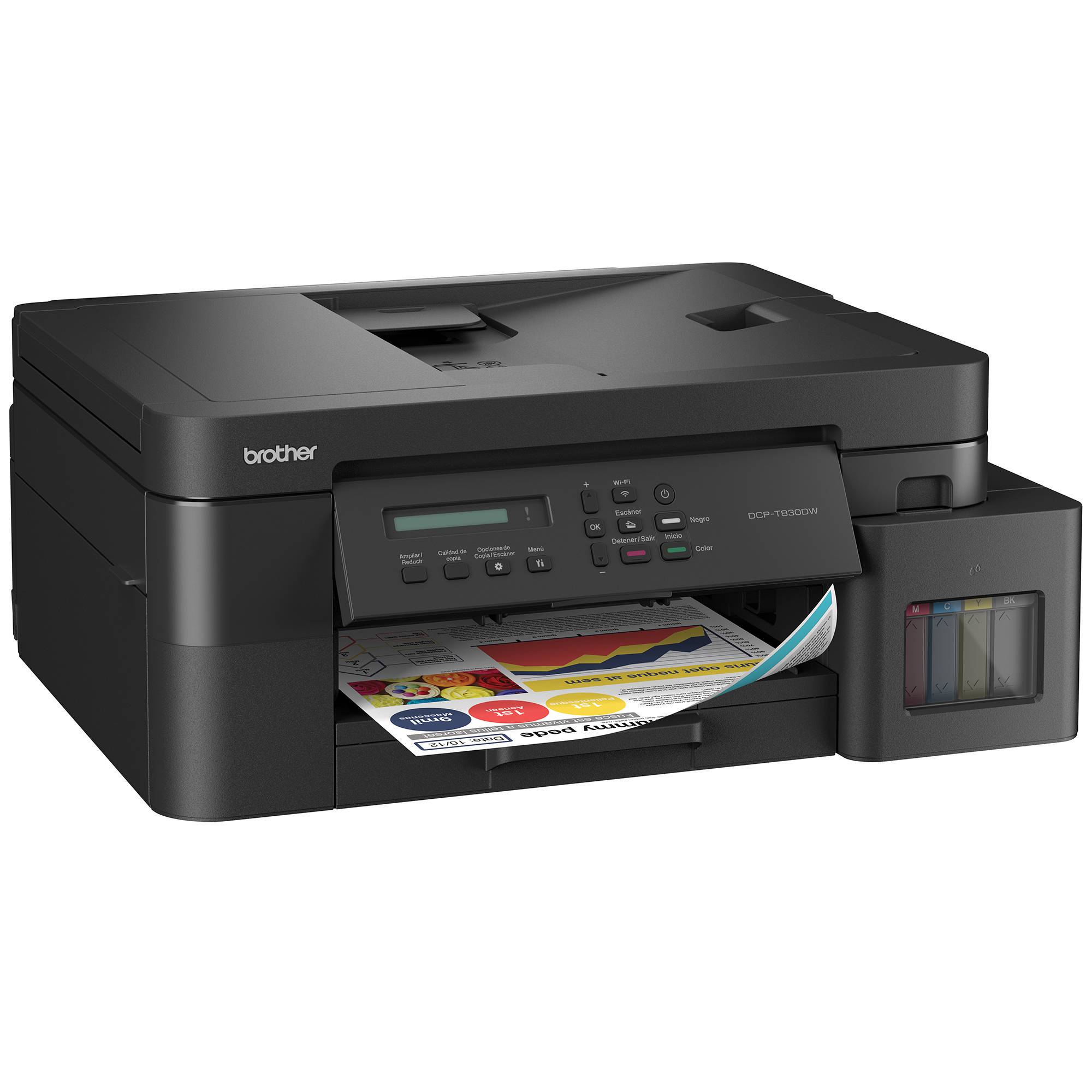 Multifuncional Tinta Continua Brother DCPT830DW, impresión dúplex, 30 ppm negro/26 ppm color, Wifi 2.4/5Ghz, Ethernet, cama plana color tamaño carta IMPMTB1000 - BROTHER