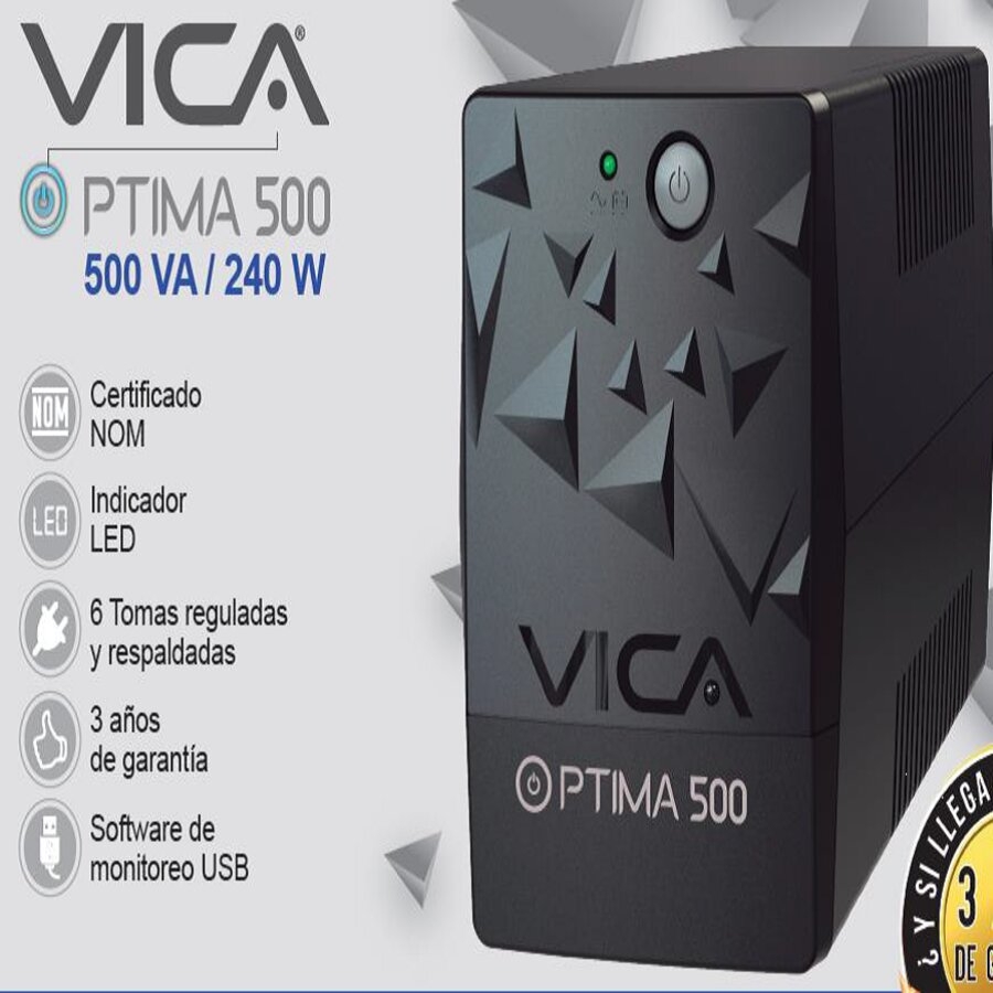 NO BREAK UPS VICA OPTIMA 500 CON REGULADOR INTEGRADO 500VA 240WATTS 6 TOMAS TIPO NEMA 5-15R SOFTWARE DE MONITOREO 3 AÑOS DE GARANTIA EQUIPO 2 EN BATERIAS FR-1252 - VICA