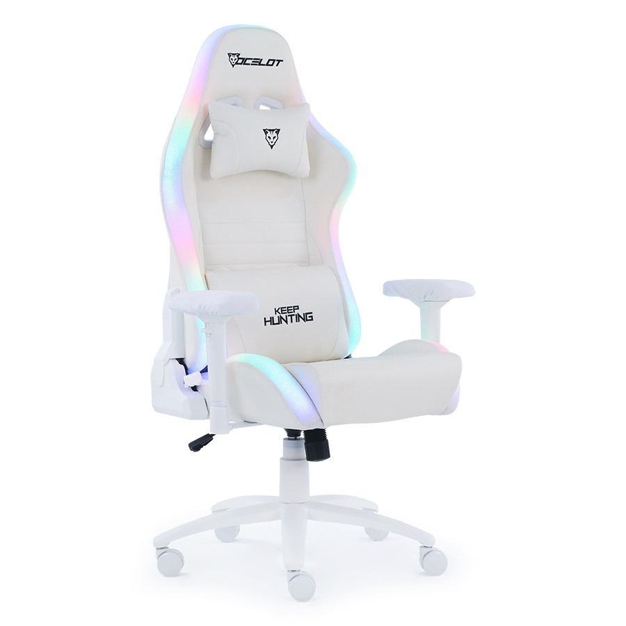 SILLA OCELOT GAMING ORGB-WHITE THUNDRA / VINIPIEL / RGB / BASE METALICA AJUSTABLE / DESCANSABRAZOS 4D / PISTON CLASE 4 / RECLINABLE 90-155 GRADOS / HASTA 150KG / COJINES LUMBAR Y CERVICAL / COLOR BLAN AC-10199 - OCELOT GAMING