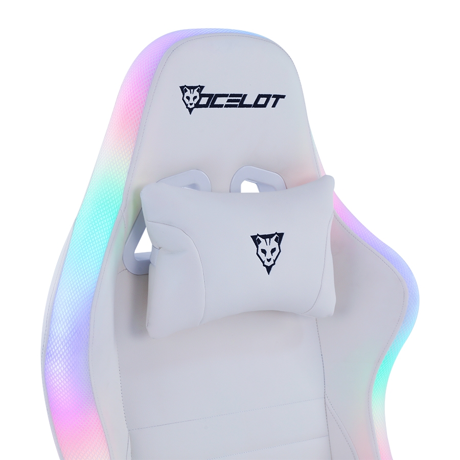 SILLA OCELOT GAMING ORGB-WHITE THUNDRA / VINIPIEL / RGB / BASE METALICA AJUSTABLE / DESCANSABRAZOS 4D / PISTON CLASE 4 / RECLINABLE 90-155 GRADOS / HASTA 150KG / COJINES LUMBAR Y CERVICAL / COLOR BLAN AC-10199 - OCELOT GAMING