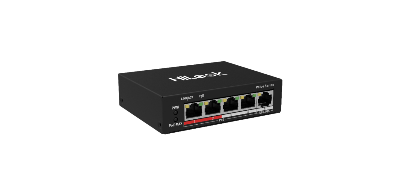 Switch PoE+ / 4 Puertos 10/100 Mbps PoE+ (af / at) / 1 Puerto 10/100 Mbps Uplink / Modo Extendido hasta 250 Metros / 35 Watts - HILOOK