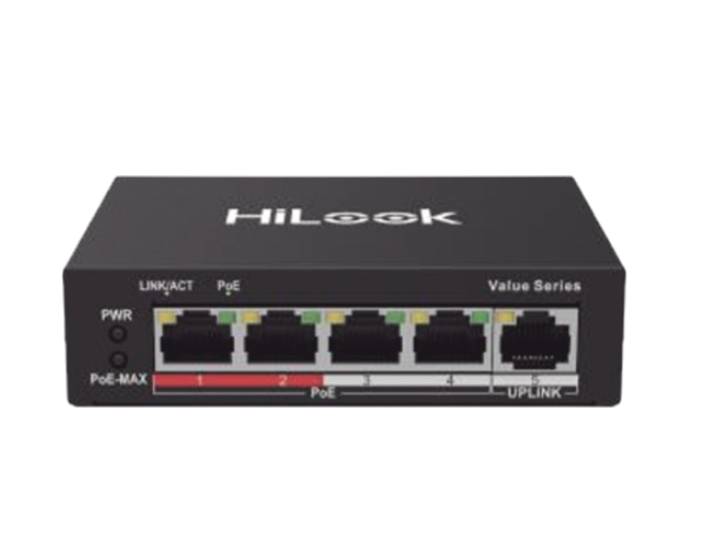 Switch PoE+ / 4 Puertos 10/100 Mbps PoE+ (af / at) / 1 Puerto 10/100 Mbps Uplink / Modo Extendido hasta 250 Metros / 35 Watts - HILOOK
