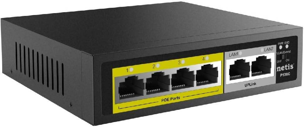 Netis Switch POE P106C, 4 Puertos POE y 2 Puertos Uplink, 60W, 100 Mbps, Watch Dog, Plug & Play, 250 Mts de alcance en transmisión, No Administrable - NETIS
