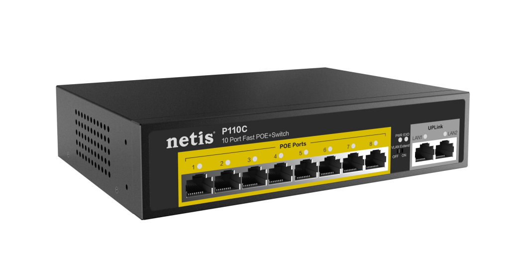 Netis Switch POE P110C, 8 Puertos POE y 2 Puertos Uplink, 120W, 100 Mbps, Watch Dog, Plug & Play, 250 Mts de alcance en transmisión, No Administrable - NETIS