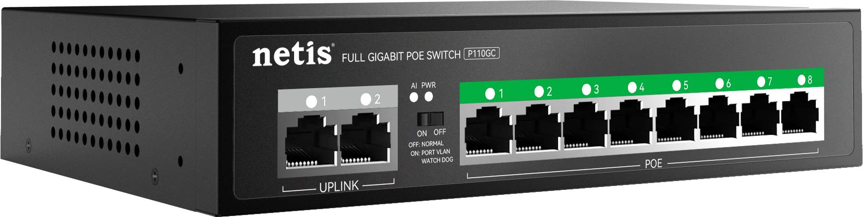 Netis Switch POE P110GC, 8 Puertos POE y 2 Puertos Uplink, 120W, 1000 Mbps, Watch Dog, Plug & Play, 250 Mts de Alcance, No Administrable - NETIS