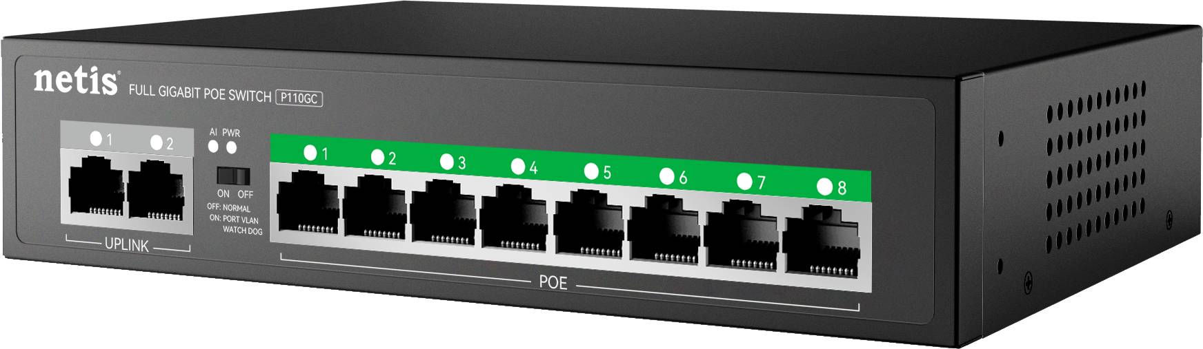 Netis Switch POE P110GC, 8 Puertos POE y 2 Puertos Uplink, 120W, 1000 Mbps, Watch Dog, Plug & Play, 250 Mts de Alcance, No Administrable - NETIS