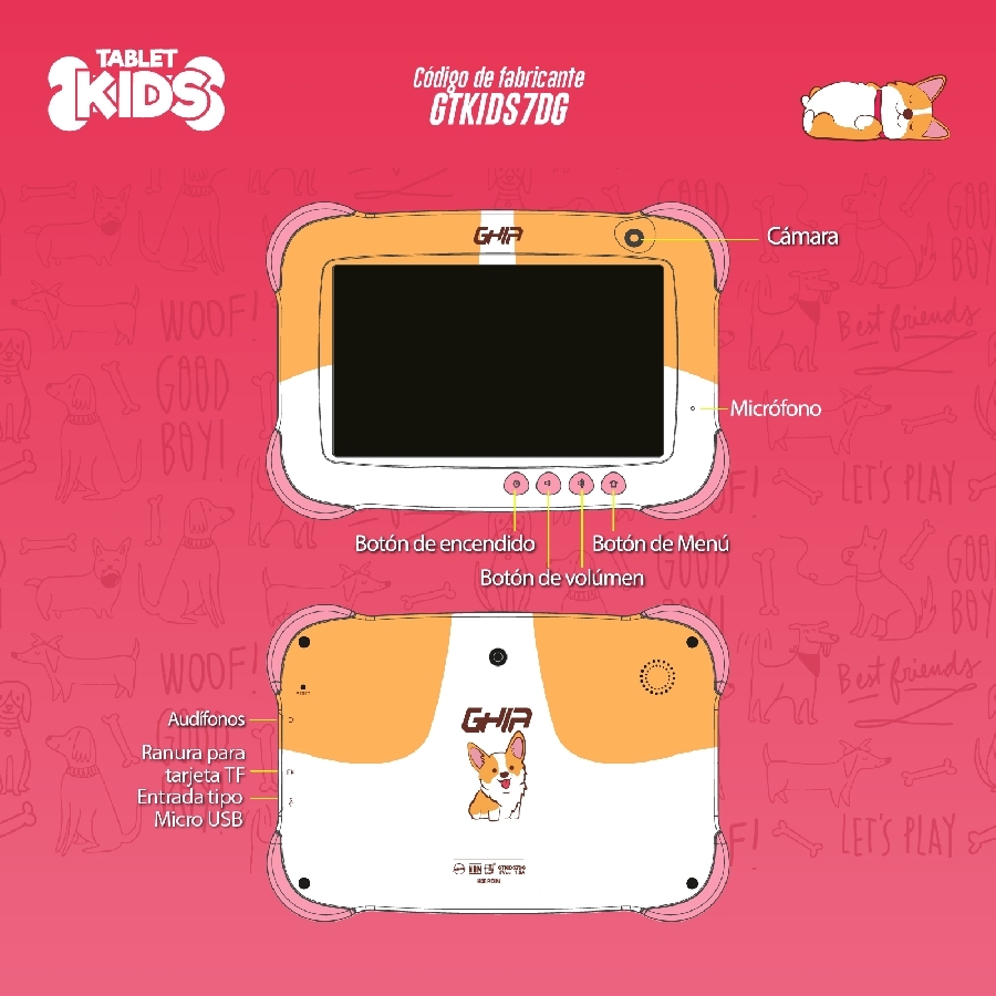 TABLET GHIA 7 KIDS/A50 QUADCORE/1GB RAM/16GB /2CAM/WIFI/BLUETOOTH/2500MAH/ANDROID 9 /PERRITO NOTGHIA-288 - GHIA