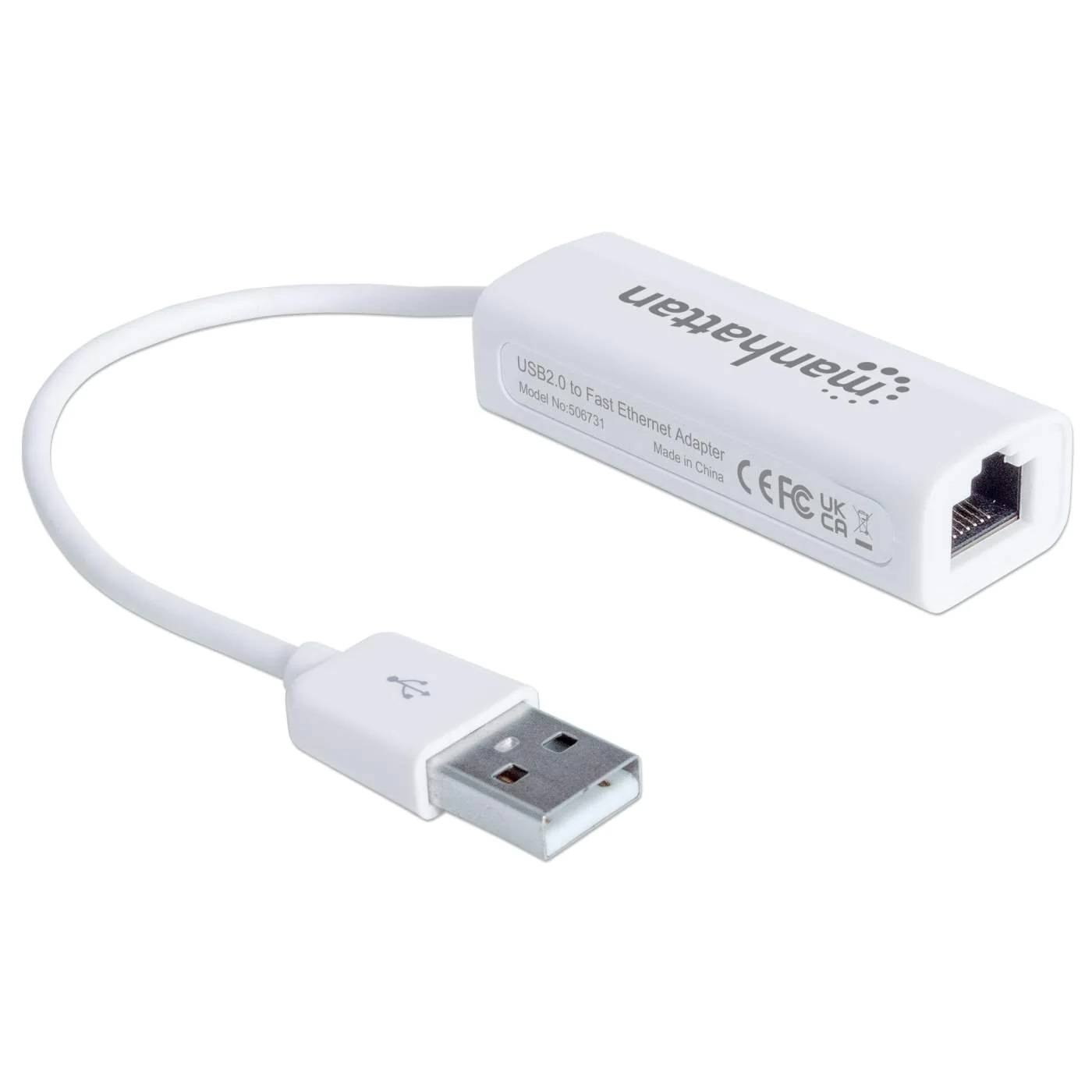 506731 Adaptador Fast Ethernet USB de Alta Velocidad 2.0, Añada una conexión de red a su PC sin necesidad de abrirla. - MANHATTAN
